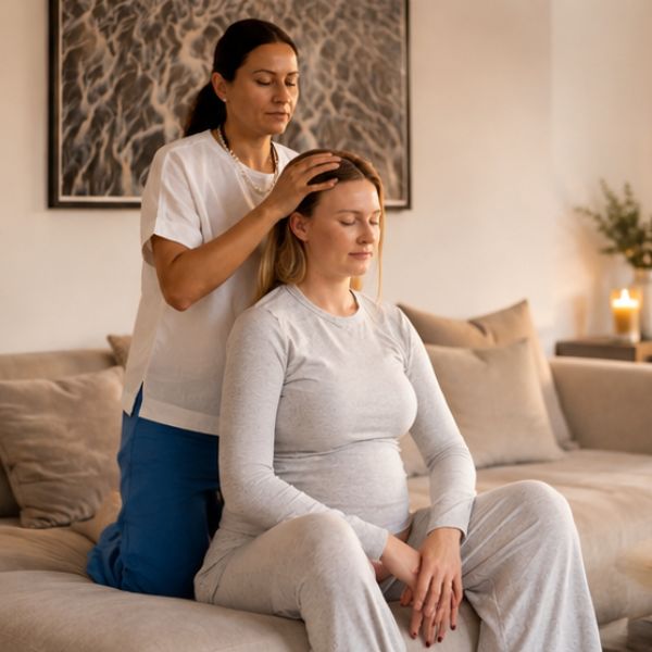 Angel Therapies - pregnancy massage leg stretch as part of a personalised holistic treatment in London